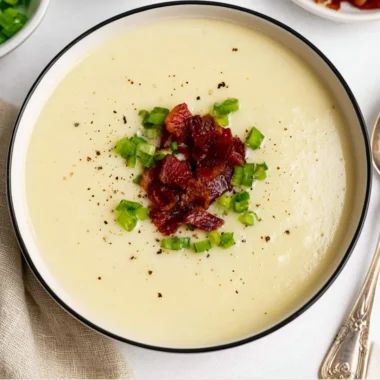 A warm bowl of loaded potato soup topped with cheese and green onions