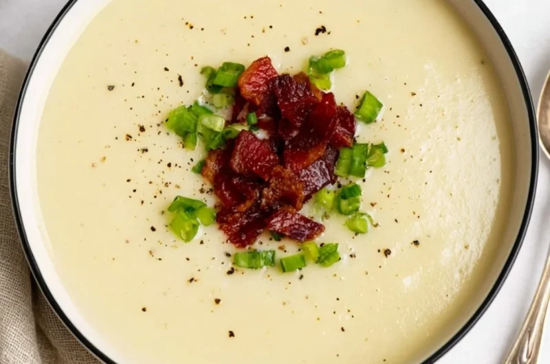 A warm bowl of loaded potato soup topped with cheese and green onions