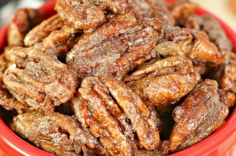 Air fryer candied pecans in a bowl, a sweet and crunchy snack.