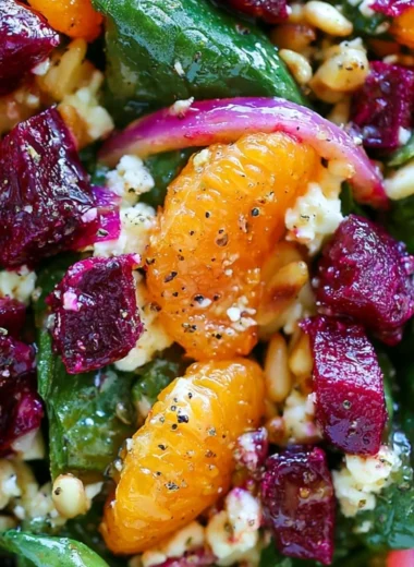 Delicious beet salad with spinach and mandarin oranges served in a bowl