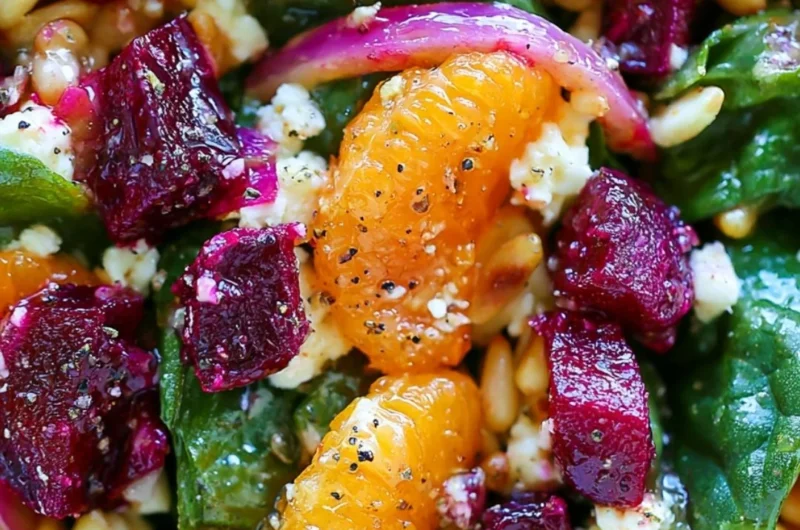 Delicious beet salad with spinach and mandarin oranges served in a bowl