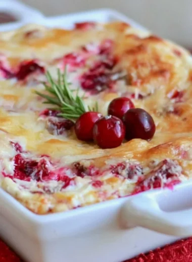 Delicious baked cranberry cream cheese dip served in a bowl with crackers.