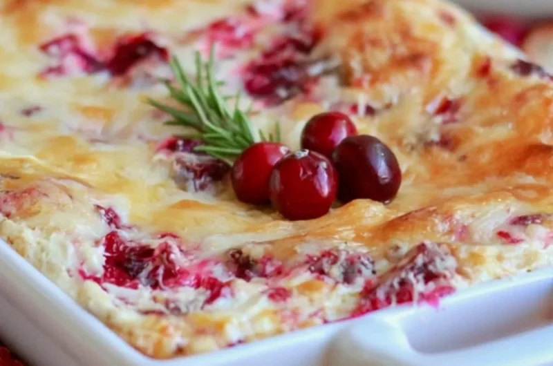 Delicious baked cranberry cream cheese dip served in a bowl with crackers.