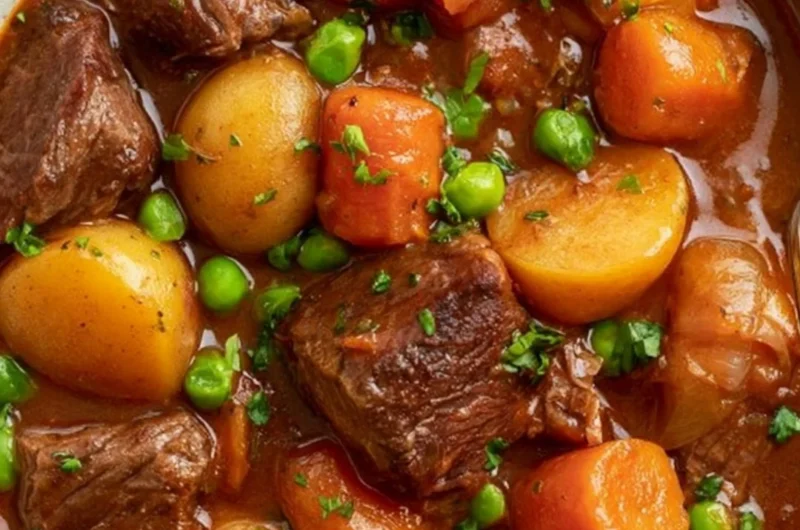 Slow cooker beef stew recipe with tender meat and colorful vegetables