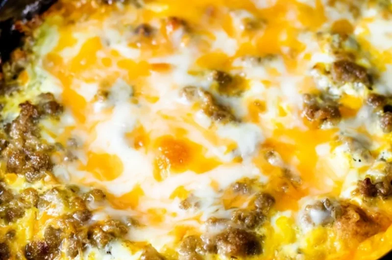 Cheesy sausage hashbrown breakfast on a plate, garnished and ready to eat.