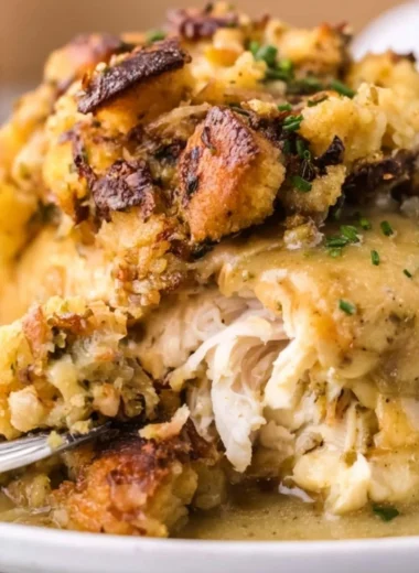 Cozy Crockpot Chicken and Stuffing served in a bowl