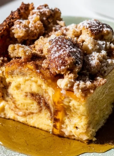 Cozy French toast casserole baked and ready to enjoy.