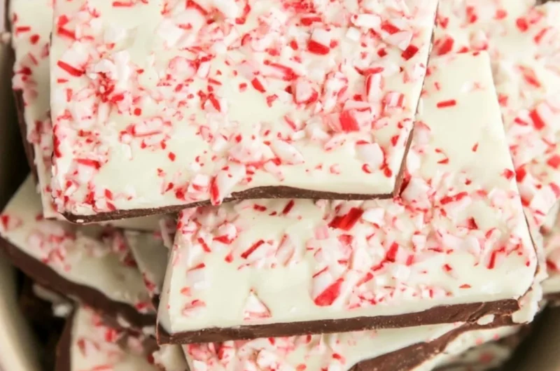 Homemade cozy peppermint bark made with chocolate and crushed candy canes.
