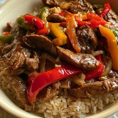Cozy slow cooker pepper steak served with rice and vegetables.