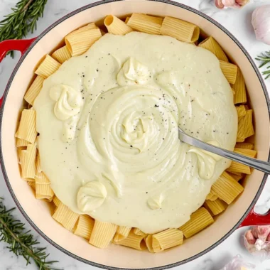 Creamy cauliflower alfredo sauce served with pasta on a plate