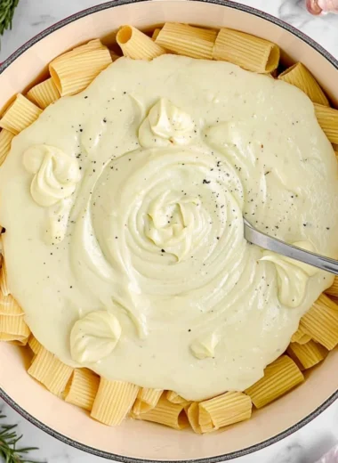 Creamy cauliflower alfredo sauce served with pasta on a plate