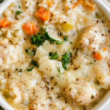 Creamy chicken and rice soup served in a bowl with herbs and spices