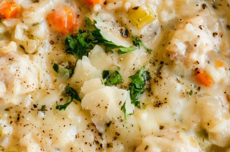 Creamy chicken and rice soup served in a bowl with herbs and spices