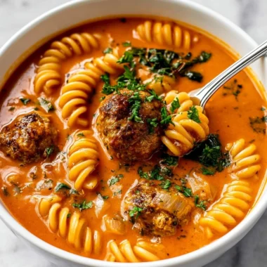 Creamy Italian meatball soup served in a bowl with fresh herbs.