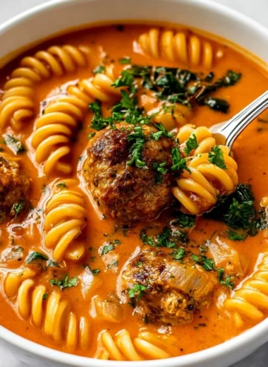 Creamy Italian meatball soup served in a bowl with fresh herbs.