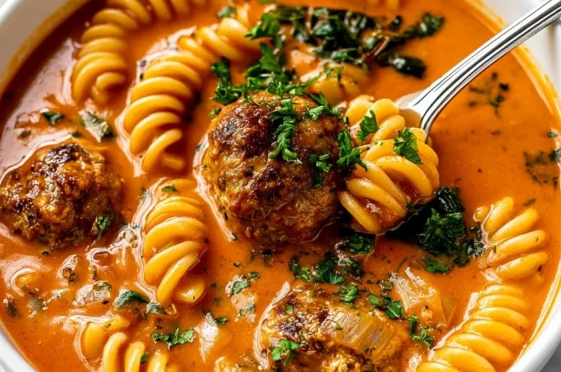 Creamy Italian meatball soup served in a bowl with fresh herbs.