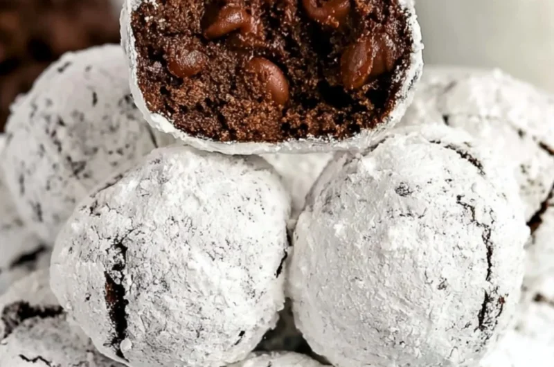 Double chocolate snowball cookies dusted with powdered sugar, ready to enjoy.