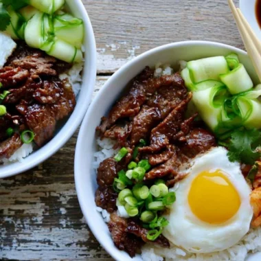 Easy beef bulgogi bowls with colorful vegetables and rice