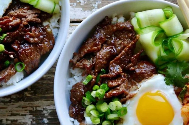 Easy beef bulgogi bowls with colorful vegetables and rice