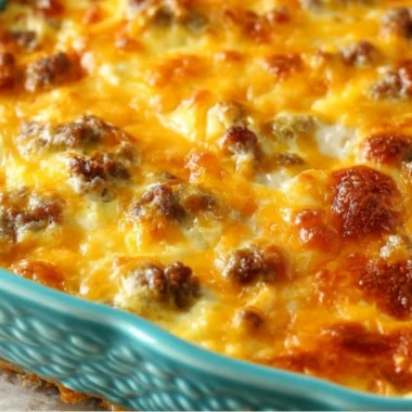 Delicious easy breakfast casserole topped with cheese and vegetables