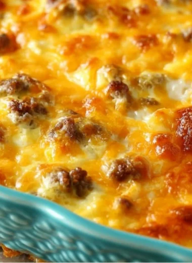 Delicious easy breakfast casserole topped with cheese and vegetables