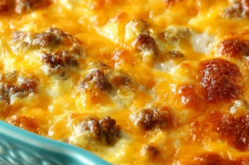 Delicious easy breakfast casserole topped with cheese and vegetables