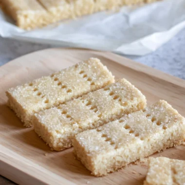 Baked Scottish shortbread cookies on a rustic wooden table