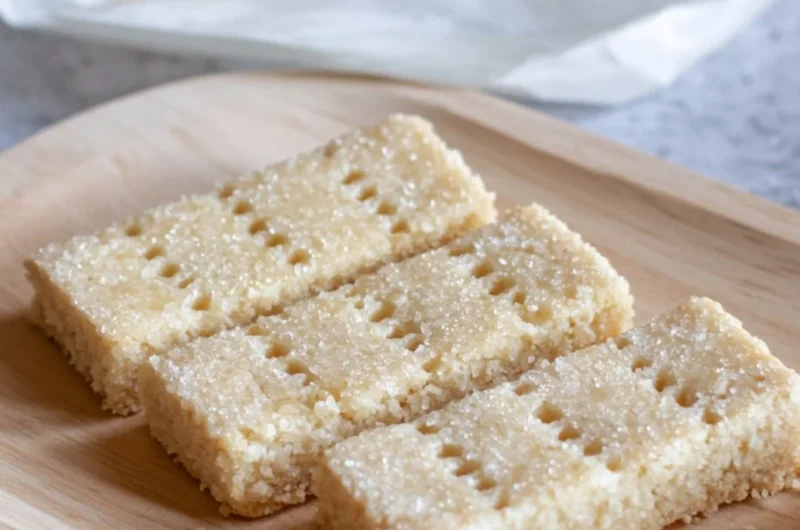 Baked Scottish shortbread cookies on a rustic wooden table