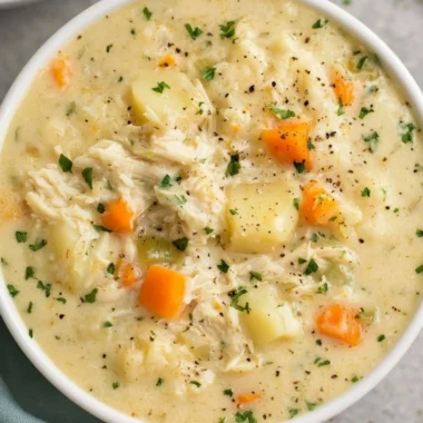 High protein chicken pot pie soup served in a bowl with fresh herbs on top.