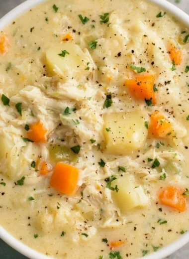 High protein chicken pot pie soup served in a bowl with fresh herbs on top.