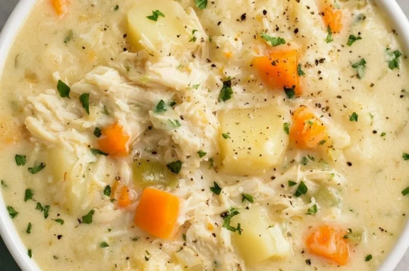 High protein chicken pot pie soup served in a bowl with fresh herbs on top.