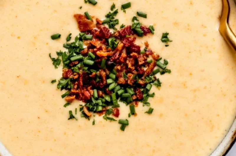 Bowl of high-protein cream of protein soup garnished with herbs.