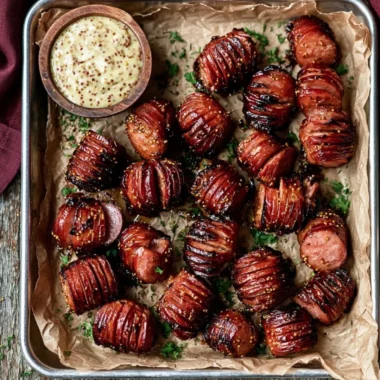 Delicious Mustard Hasselback Kielbasa Bites served on a plate, garnished with mustard
