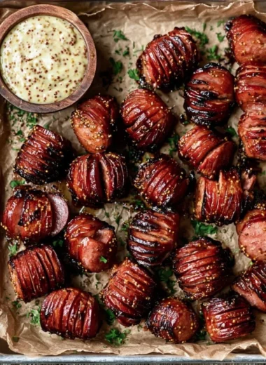 Delicious Mustard Hasselback Kielbasa Bites served on a plate, garnished with mustard