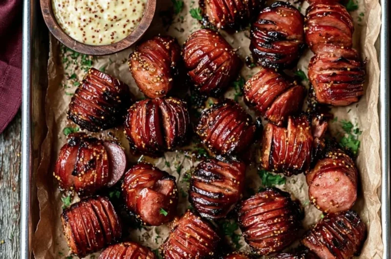 Delicious Mustard Hasselback Kielbasa Bites served on a plate, garnished with mustard