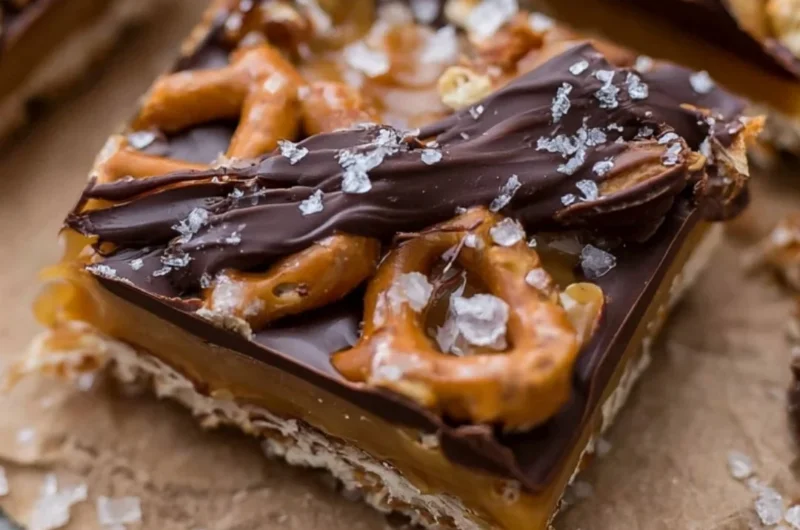 Delicious salted caramel pretzel bark with a mix of sweet and salty flavors
