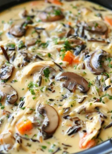 Bowl of Slow Cooker Chicken and Wild Rice Soup with herbs and spices