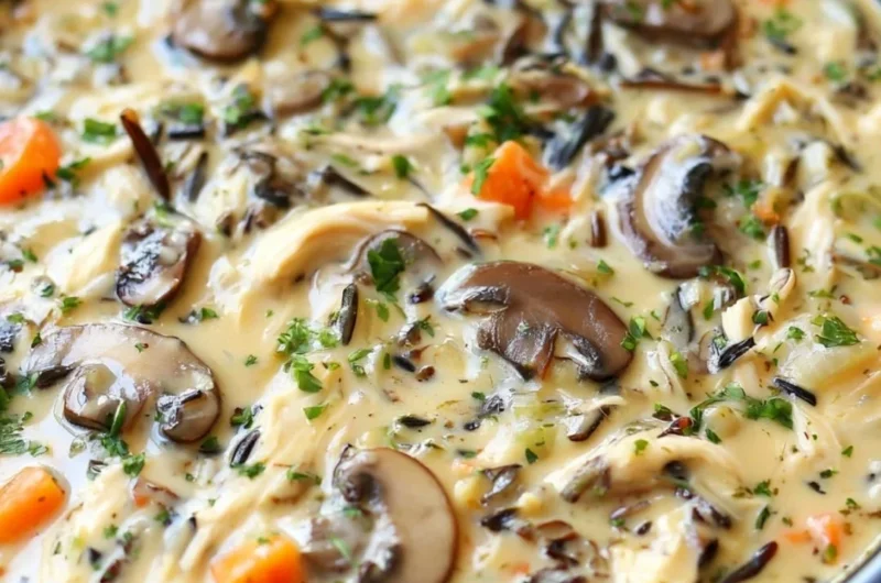 Bowl of Slow Cooker Chicken and Wild Rice Soup with herbs and spices