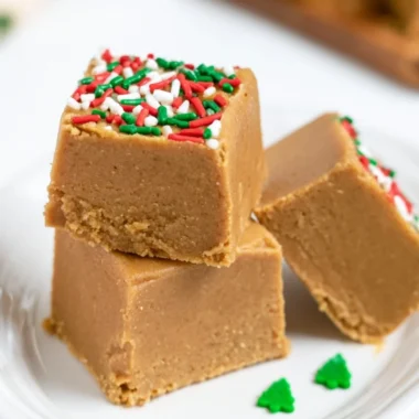 Delicious warm gingerbread fudge served on a festive plate with holiday decorations.