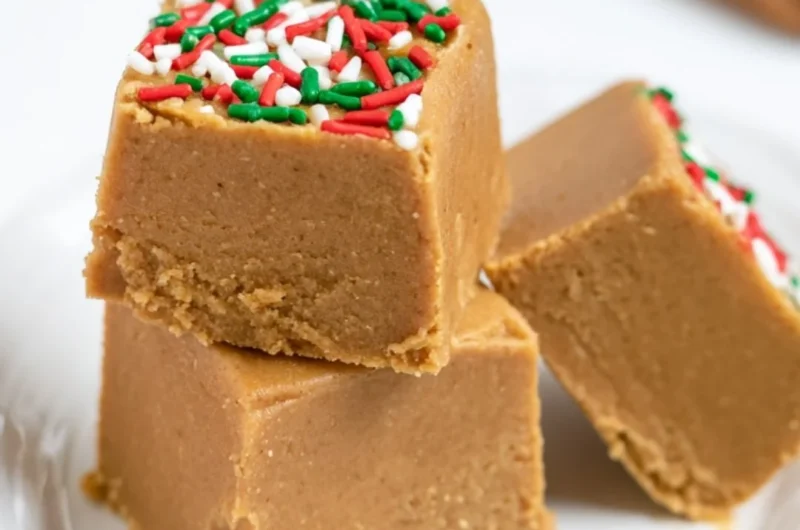 Delicious warm gingerbread fudge served on a festive plate with holiday decorations.