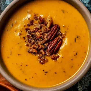 Bowl of Apple Cheddar Sweet Potato Soup garnished with herbs and served hot
