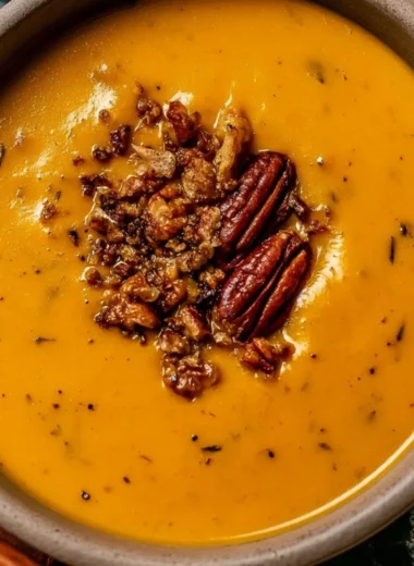 Bowl of Apple Cheddar Sweet Potato Soup garnished with herbs and served hot