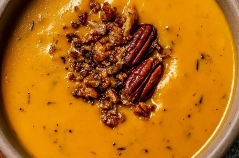 Bowl of Apple Cheddar Sweet Potato Soup garnished with herbs and served hot
