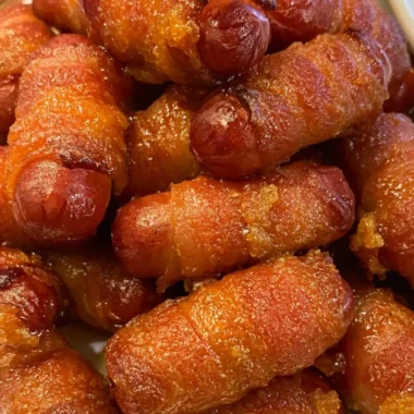 Delicious Bacon Wrapped Little Smokies served on a platter