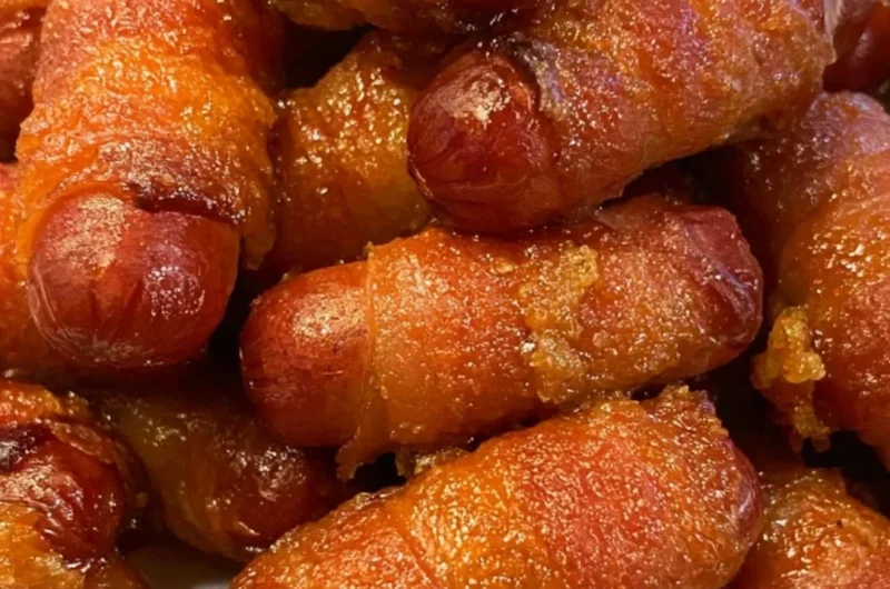Delicious Bacon Wrapped Little Smokies served on a platter
