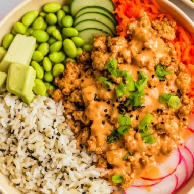 Bang Bang Ground Turkey Rice Bowls served in a vibrant bowl with fresh ingredients
