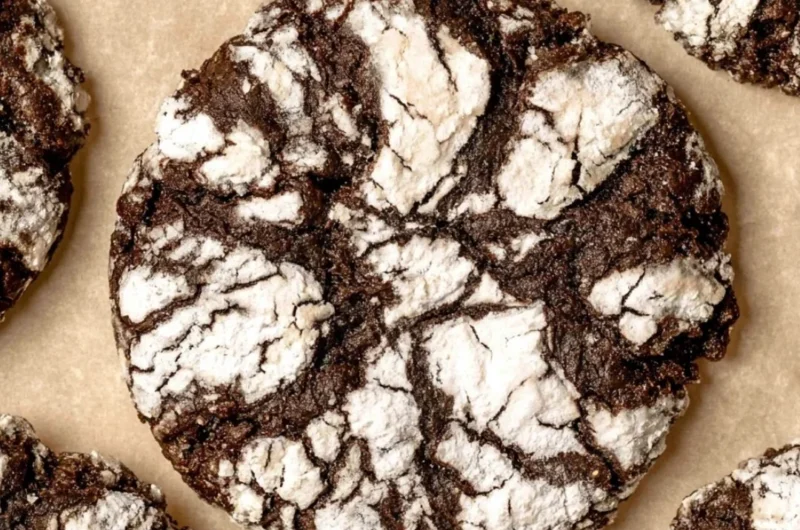 Delicious chocolate crinkle cookies dusted with powdered sugar on a white plate
