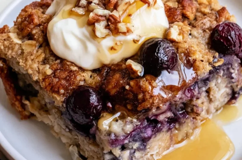 Delicious blueberry baked oatmeal served in a bowl with fresh blueberries on top