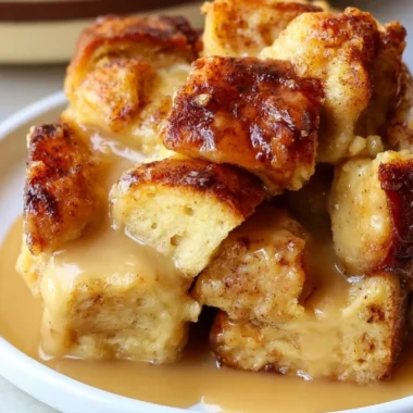 Delicious bread pudding with vanilla caramel sauce drizzled on top.