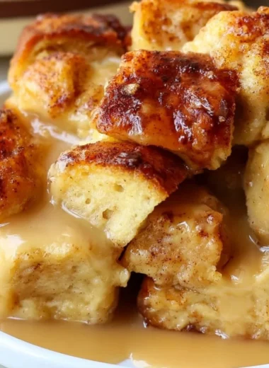 Delicious bread pudding with vanilla caramel sauce drizzled on top.